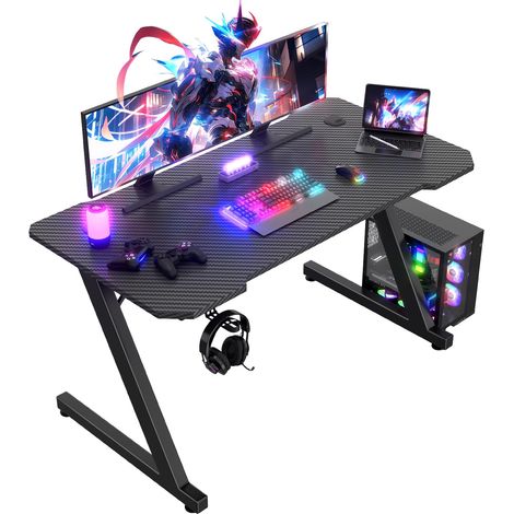 Bureau Gaming 120 x 60 cm, Fibre de Carbone, Crochet pour Casque (1/5)