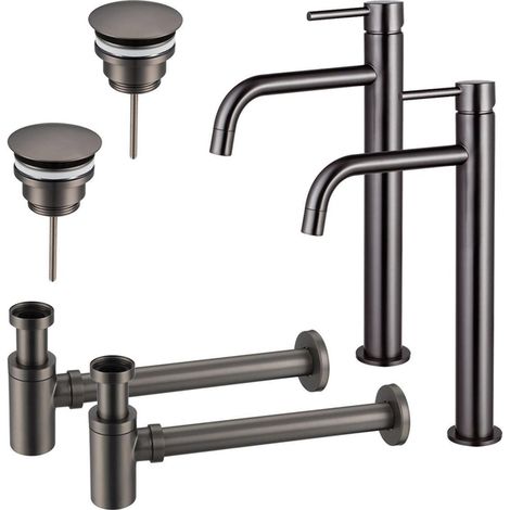 FugaFlow Eccelente Sobrado Slim Kit robinet lavabo - pour double vasque - robinet rehaussé - bonde non-obturable - siphon design bas - Gunmetal PVD (1/4)