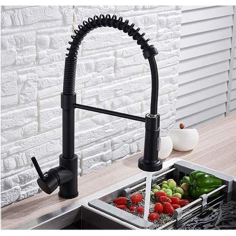 Robinet mitigeur d'évier de cuisine en laiton noir, robinet simple, bec extractible pivotant (1/5)