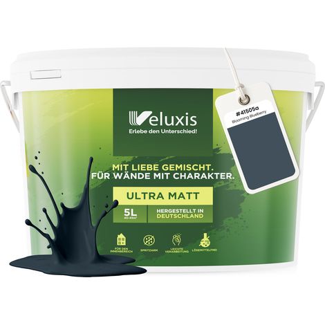 Wandfarbe Blau Grau Anthrazit Matt Innenfarbe – Deckkraft Klasse 1, VOC-frei, Ohne Grundierung, Tropfarm – Wohnzimmer & Schlafzimmer – 5L – Veluxis (Blooming Blueberry)