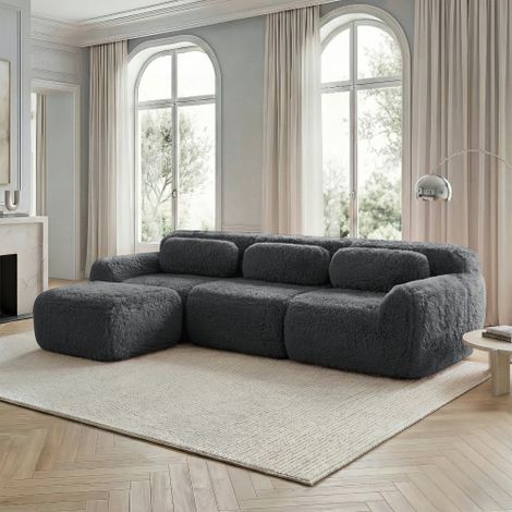 L-förmiges modulares Sofa, Plüschstoff, rahmenloses Tiefsofa, keine Montage, mit Kissen. Weich, hochelastischer Schaumstoff, rutschfester Boden, geeignet für Wohnzimmer, Schlafzimmer, Grau
WL