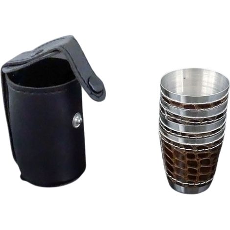 4er Set kleine lederbezogene Metallgläser 30 ml im Etui (1/3)