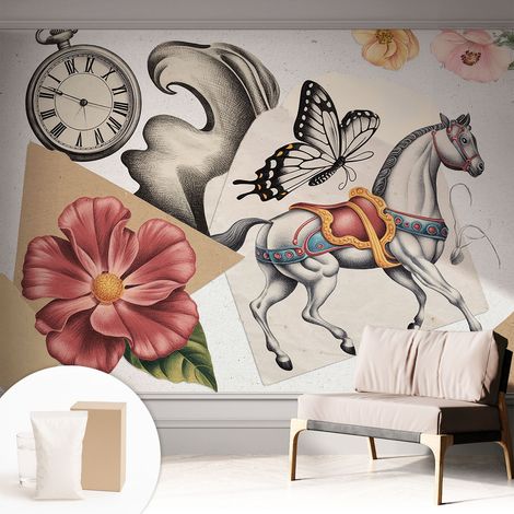 Tapete Vliestapete mit Kleber - Wanddekoration - Wandfolie - 3D Tapete Wand - Wohnungsdeko Vintage-Blumen 312x219 cm (1/5)