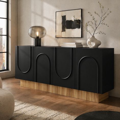 Madia 4 ante 160 x 75 x 38 cm in pannello truciolare, nero e legno HAVRYA (1/5)
