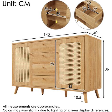 Buffet 4 tiroirs + 2 portes, commode en chêne clair avec étagères ajustables, rangement rotin pour salon, salle à manger ou entrée, dimensions L140 x P40 x H86 cm (1/5)