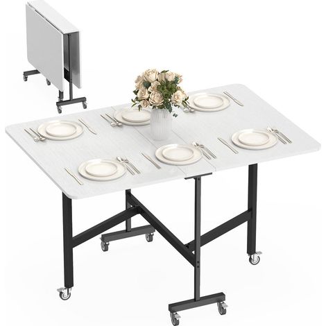 Table à Manger Pliante 6 Personnes avec 6 Roulettes à Freins Table Pliable Pieds en Acier Blanc pour Petite Cuisine (1/5)