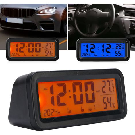 Horloge de voiture à énergie solaire avec horloge électronique lumineuse et indicateur lumineux de température et d'humidité pour l'intérieur de la voiture, convenant aussi bien à une utilisation en v (1/5)