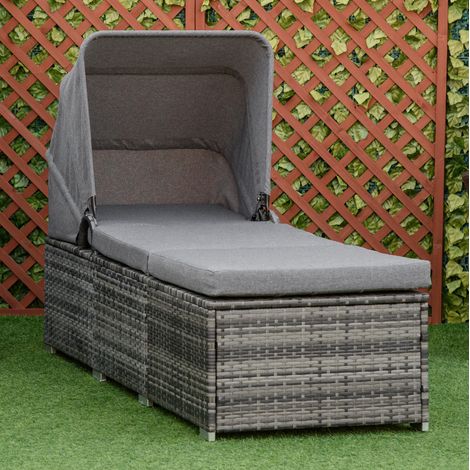 Sonnenliege 195x65x40 cm grau aus PE-Rattan und Stahl mit Baldachin, verstellbarer Rückenlehne und Kissen (1/5)