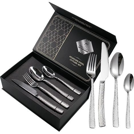 Couverts martelés acier inoxydable couteau fourchette cuillère couverts 6 personnes couverts argent maison restaurant fête (1/5)