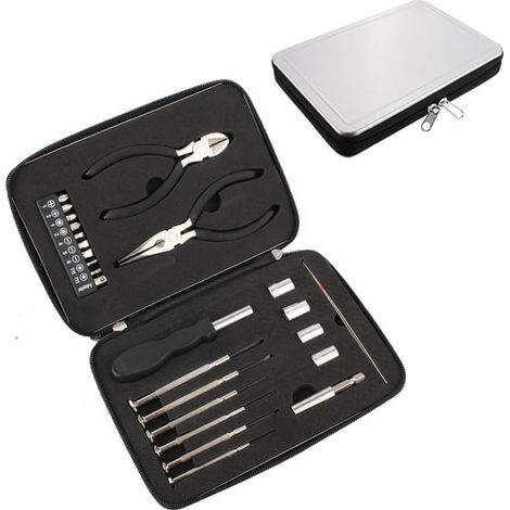 Coffret outillage 25 pièces en fer blanc, boîte à outils doublée EVA, kit bricolage manuel avec étui métallique. (1/5)
