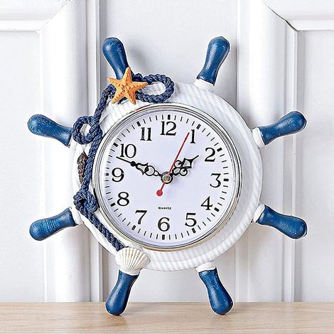Horloge murale d'intérieur/extérieur, style méditerranéen, en bois, avec gouvernail et motif océan, idéale pour la plage ou comme horloge décorative nautique (bleue) Stcyv (1/5)