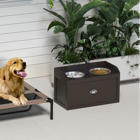 Erhöhte Hundefutterstation mit 2 Edelstahlnäpfen, 60 x 30 x 36 cm, braun HAVRYA (1/5)