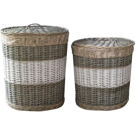 King Home Portabiancheria vimini ovale set 1/2 - 47x35x53h - 52x40x58h cm - beige/bianco (1/2)