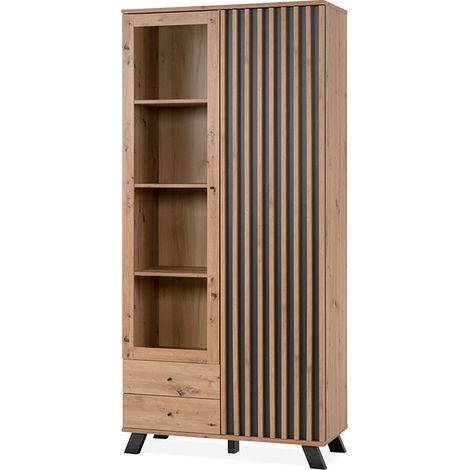 Vitrine Medan52A 2 portes vitrée et 2 tiroirs – Chêne anthracite – 198 cm de hauteur – 40 cm de largeur – Panneaux de particules haute qualité