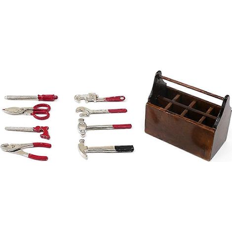 Miniatur-Werkzeugkasten aus Holz für Puppenhäuser mit Metallwerkzeugset