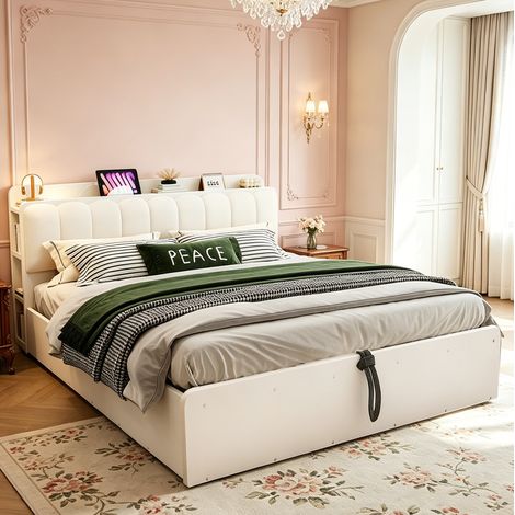 Letto contenitore 180x200 idraulico con USB, vani e testiera imbottita bianca HAVRYA (1/5)