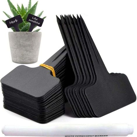 100 Stück Gartenetiketten, T-förmige Pflanzenstecker aus Kunststoff, Etiketten für den Gemüsegarten mit wasserfestem Stift, wiederverwendbare Etiketten und Pflanzenzubehör (Schwarz) - Crezuo