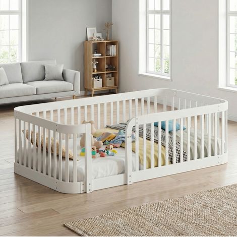 Box modulare per bambini in legno composito bianco, 140x200 cm, estensibile, bordi arrotondati. (1/5)