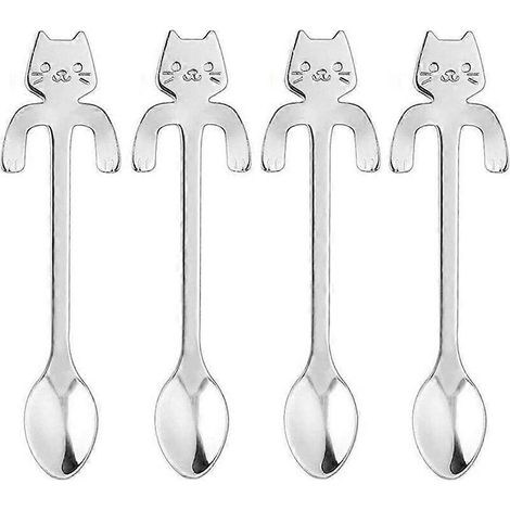 Ensemble de 4 cuillères à dessert, petites cuillères à thé mignonnes en forme de chat, en acier inoxydable, pour expresso. (1/5)