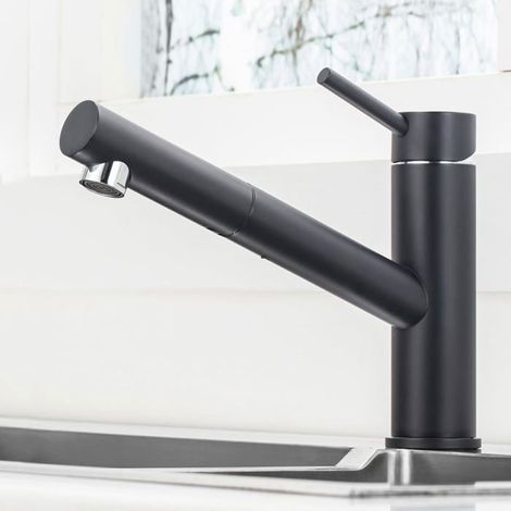 Schwarze Küchenarmatur mit ausziehbarem 2-Düsen-Brausekopf, um 360° drehbarer Auszieh-Spültischarmatur, Warm- und Kaltwasserhahn (1/5)