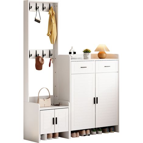 CHICFURN Mueble de recibidor blanco 125 x 32 x 165 cm con 2 cajones, 8 ganchos y almacenaje (1/5)