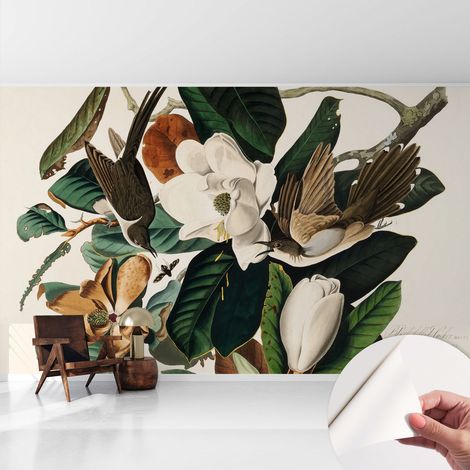 Papier peint adhésif décoratif avec colle pour salon chambre et bureau Installation rapide Oiseaux et magnolias 416x254 cm (1/5)