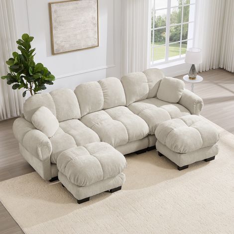 Divano a U 3 posti con chaise longue mobile, ciniglia, beige chiaro (1/5)