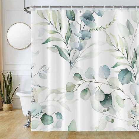 Rideau de douche 180x200cm, anti-moisissure, motif feuilles d'eucalyptus vertes et fleurs blanches, imperméable et lavable en tissu. (1/5)