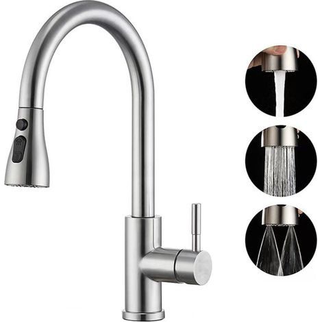 Mitigeur Cuisine avec Douchette Bec Pivotant 360° 3 Modes Pulvérisation Arc Élevé Acier Inoxydable Évier 1 Trou (1/4)
