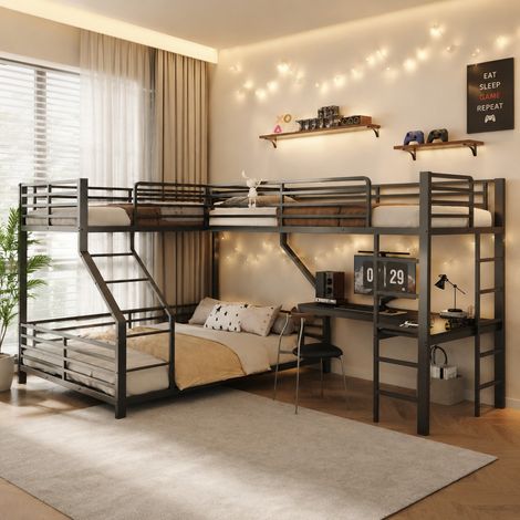 Lit superposé cadre métal 3 couchages 90x200 &140x200 cm certifié EN747, bureau intégré, ports USB‑Type‑C, noir, sans matelas (1/5)
