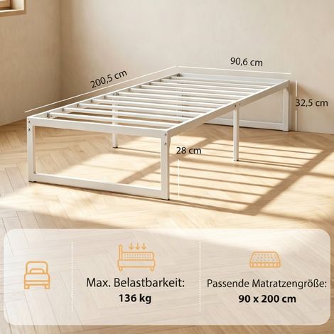 Cadre de lit 200x90 cm avec rangement intégré, sommier à lattes acier, hauteur 32,5 cm, silencieux, blanc, structure lit gain de place (1/5)