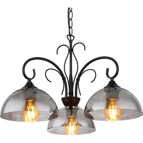Pendelleuchte Hängeleuchte Hängelampe Wohnzimmerlampe Esstischlampe, Metall schwarz Rauchglas, Höhenverstellbar 3 flammig E27, H 120 cm