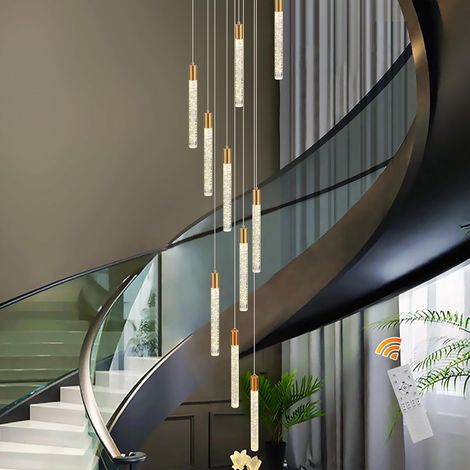 Lustre Cristal Doré Extra Grand Moderne Minimaliste, LED Dimmable Réglable pour Escalier Salon Salle à Manger Plafonds Hauts (1/5)