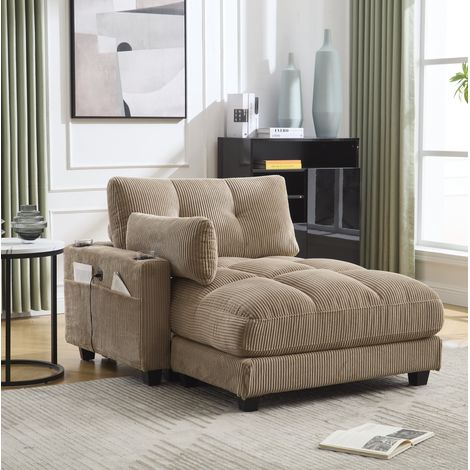 Fauteuil lounge en velours côtelé kaki 140 x 112 x 81 cm avec USB et 3 porte-gobelets (1/5)