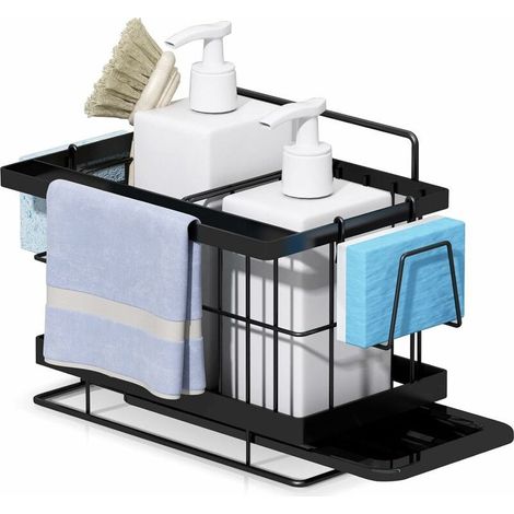 Organisateur Evier Cuisine, Rangement Mural pour Eponge, Brosse, Liquide Vaisselle, Porte Eponge Mural en Acier Inoxydable Noir-20X16X14 cm - RWOrganisateur évier (1/5)