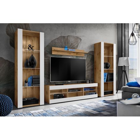 Komodee Ensemble de Meubles Tivoli Grande, Wotan/Blanc, Largeur 250cm x Hauteur 159cm x Profondeur 35cm, sans LED, 3 étagères, pour Salon, Chambre, Entrée