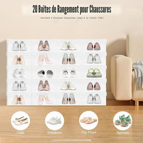 Lot de 20 boîtes à chaussures transparentes pliables en plastique avec couvercle, tiroir, pour chaussures de sport, bottes et sandales (1/5)