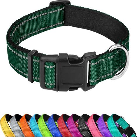 Collier réfléchissant pour chien, réglable, en nylon souple rembourré de néoprène avec boucle, pour chiens de taille moyenne, vert foncé, taille M (1/5)