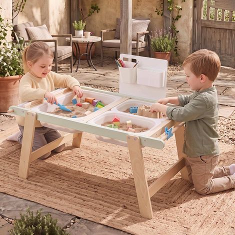 Table sensorielle verte pour enfant en bois avec plateau réversible, bacs pliables et rangements pour chambre, jardin et terrasse (1/5)