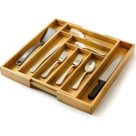 Soporte para cubiertos / Cajón organizador de cocina / Contenedor ajustable de bambú para cubiertos