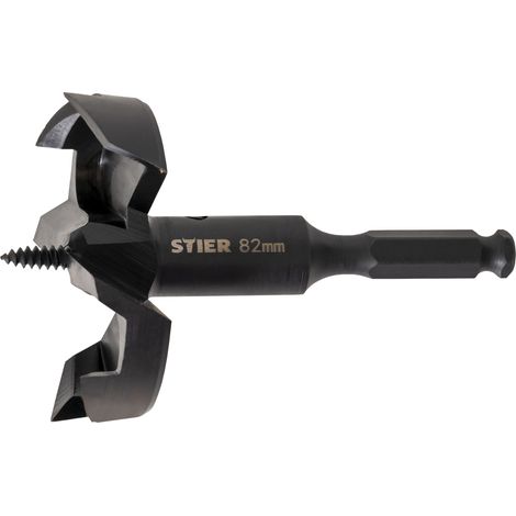 STIER Forstnerbohrer 82 mm Durchmesser, Holzbohrer, selbstzuführende Schraubenspitze, hochwertig, schneller Spanabtrag, für Kork, Karton, Hartholz, MDF (1/4)