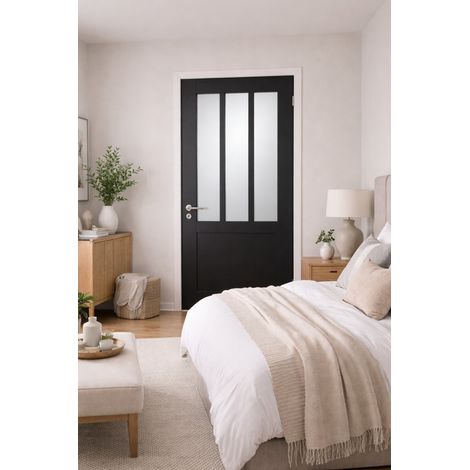 Bloc Puerta de Taller Negra con Cristal Esmerilado H204 x L83 cm, Lado de la Tabla P. Izquierda, Manilla Pomerol GD MENUISERIES