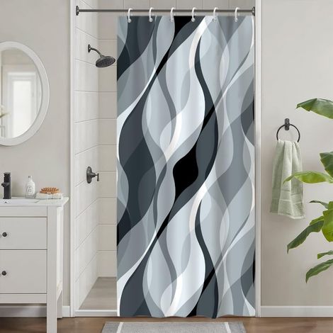 1 Rideau Douche, 90x180cm, Polyester Imperméable, Anti Moisissure, Gris Bleu Rayé, Avec 6 Crochets, Pour Cabine Et Baignoire