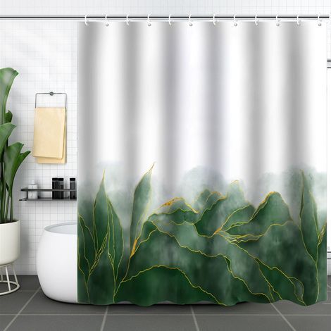 (Grün 2) Duschvorhang mit schlichtem, abstraktem Blattmuster, 180 x 180 cm, maschinenwaschbar, aus Polyester, inklusive 12 Haken, für Badewanne und WC (1/5)