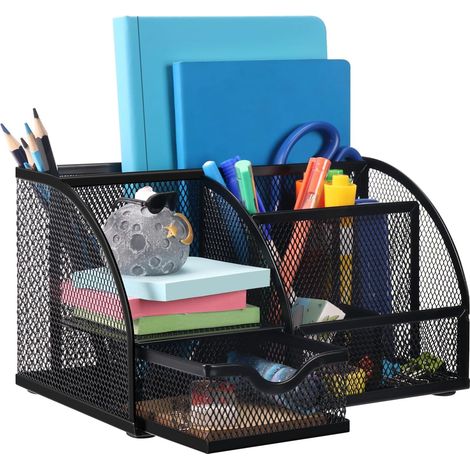 Boîte à crayons de bureau à compartiments en maille - Porte-crayons de bureau à 7 compartiments - Fournitures de bureau - Convient pour la maison, le bureau ou l'école - Noir (1/5)