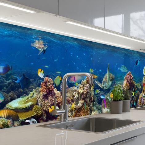 Kitchen Splashback Underwater landscape - Fish - Turtle - Blue 500x80 cm