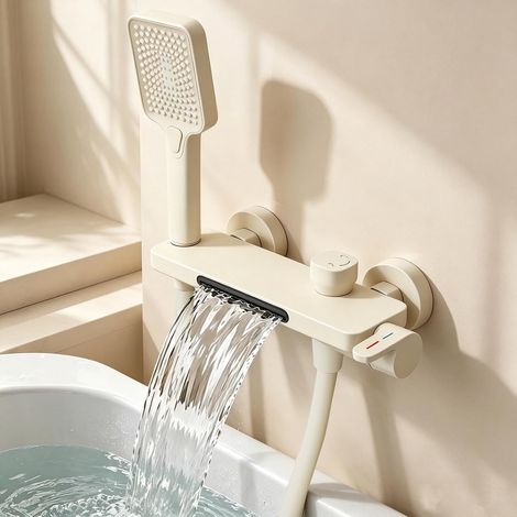 Robinet de baignoire avec cascade orientable réglable à 30°, robinetterie de salle de bain en aluminium spatial avec 3 modes ABS, douche à main, 22 cm, grande étagère, tuyau de 1,5 m (blanc (1/5)