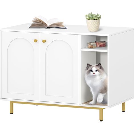 Mobile Lettiera per Gatti, Mobiletto Lettiera Gatto, Casa per Gatto Multifunzione, Con Porta e Divisorio Separato, Armadietto per Gatti, Facile da Montare, Bianco e Oro (1/5)