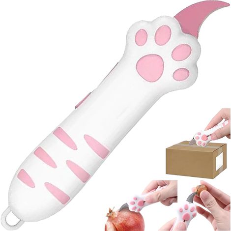 Ouvre-colis mécanique rétractable motif patte de chat, fabrication acier qualitatif corps renforcé, outil de découpe emballage sécurisé format compact transportable.