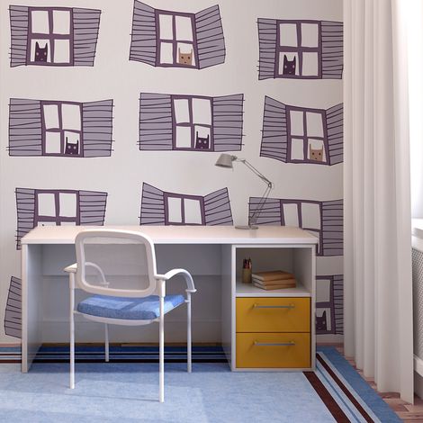Papier peint intissé enfant 270x250 cm, illustration rigolote chat et chien à la fenêtre maison. (1/5)